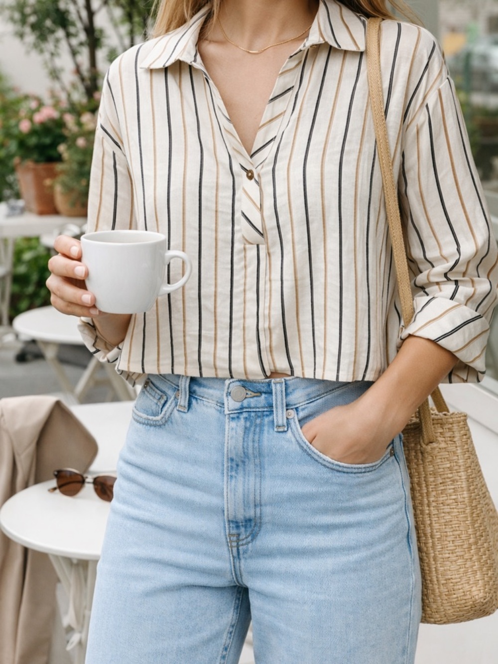 Olivia & Martin Striped‎ Blouse | Neutral Chic Button Pullover Top- Size: Small